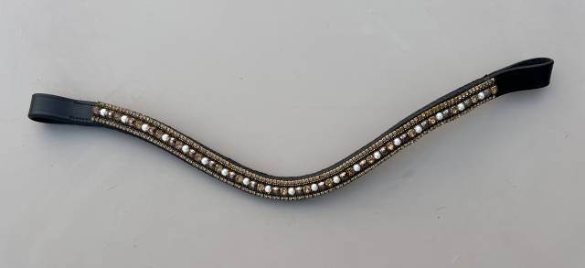 Frontal cheval cuir noir strass or bronze et perles